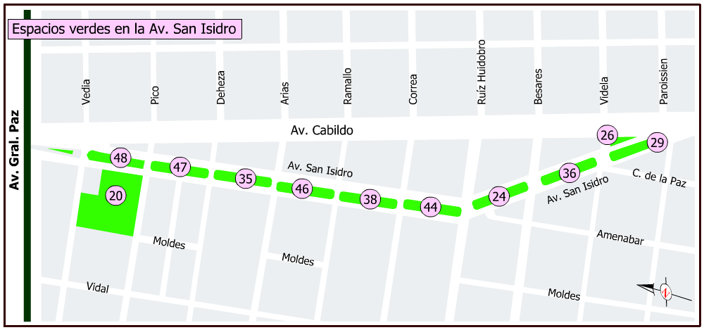 Plano de los espacios verdes de la Av. San Isidro