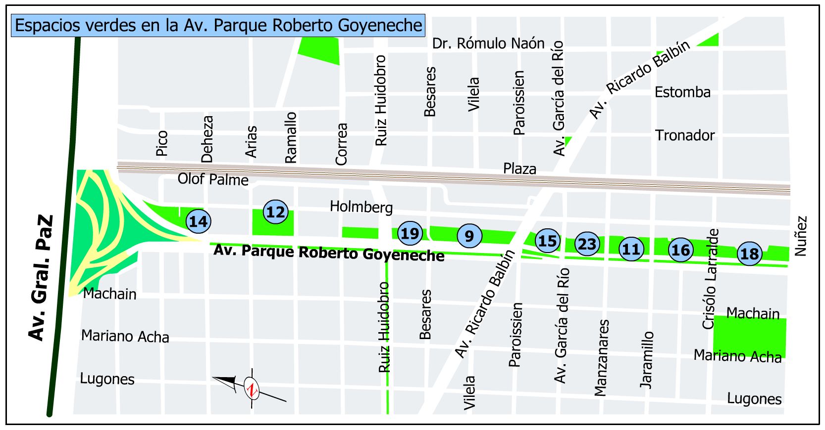 Plano Espacios verdes en la Av. Av. Parque R. Goyeneche